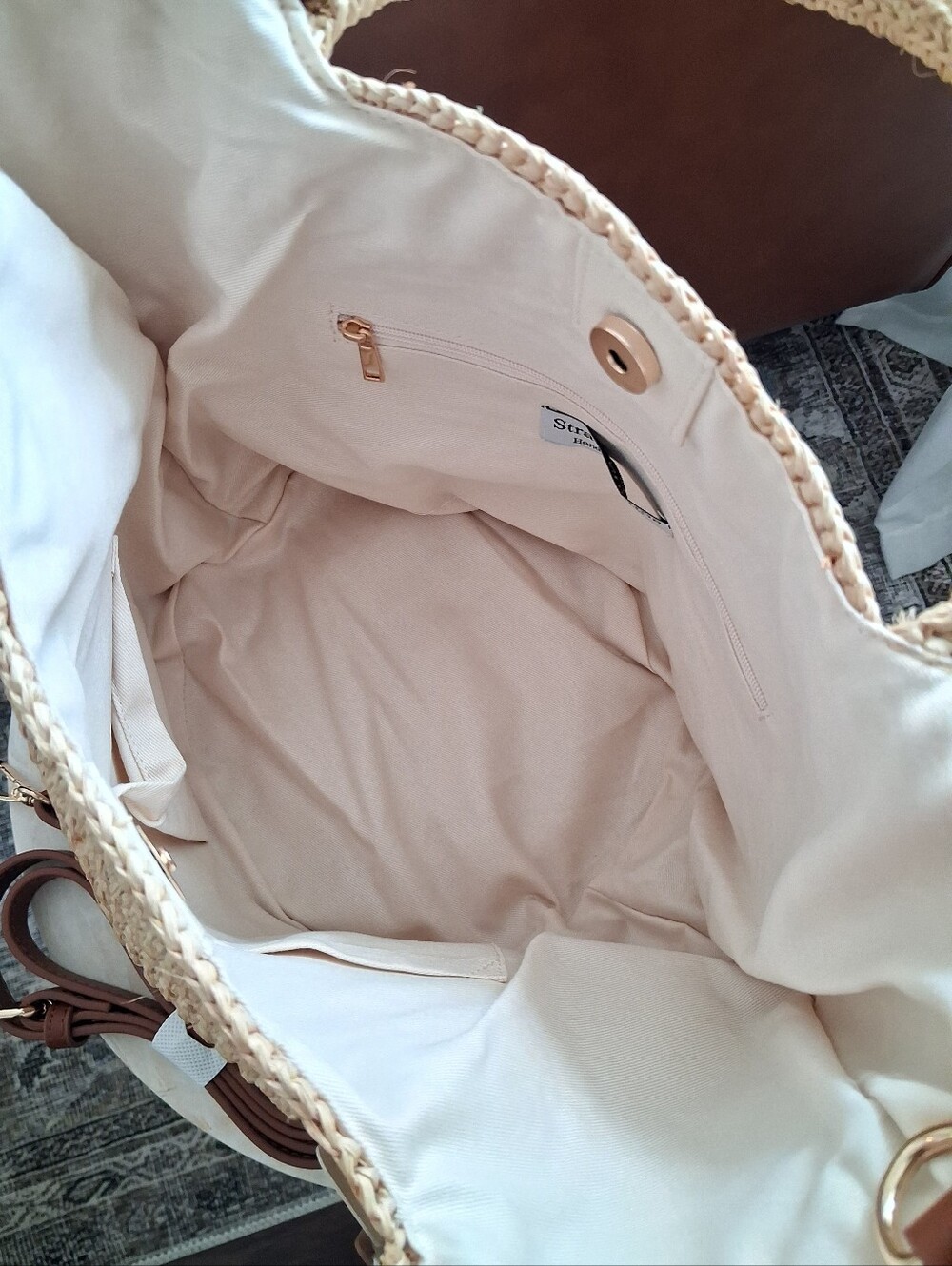 🌺 Beautiful Woven Raffia Satchel Tote Bag with Genuine Leather Accents 🌺 - Picture 5 of 11